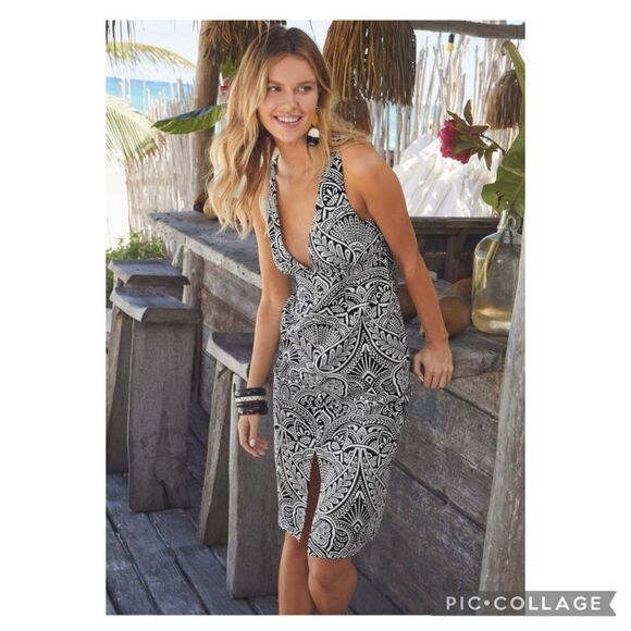 VENUS Black White V Neck Linen Blend Dress  10 - Picture 4 of 9